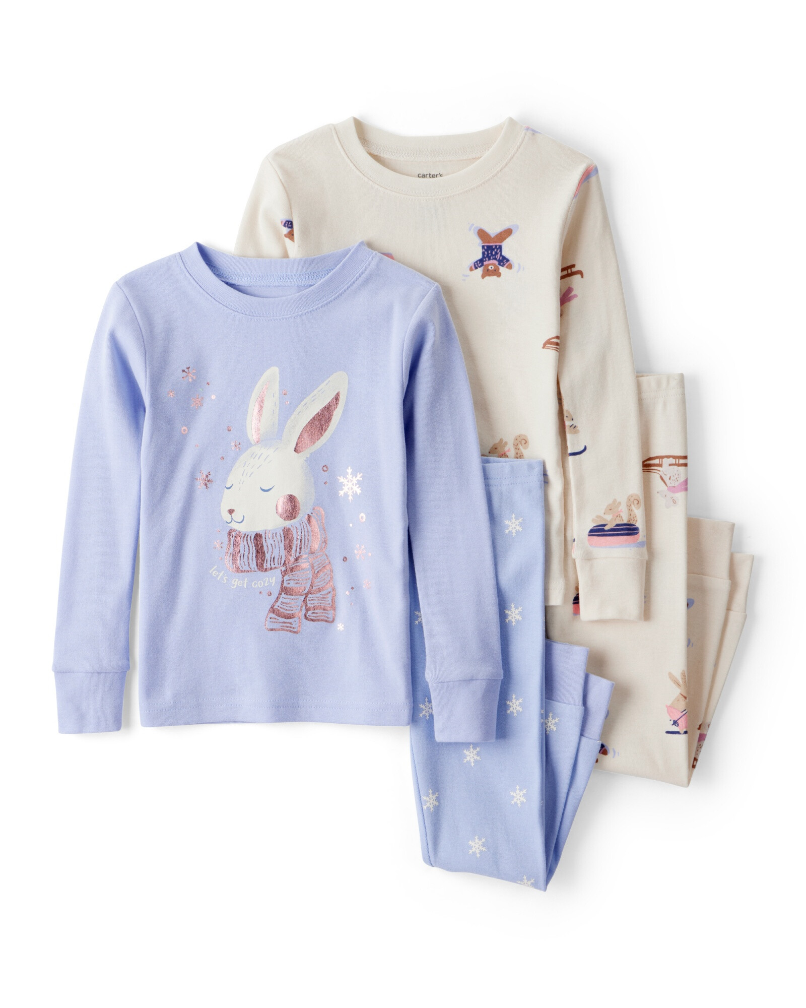 Pijama cuatro piezas de algodón, dos remeras manga larga y dos pantalones, diseño conejita Sin color