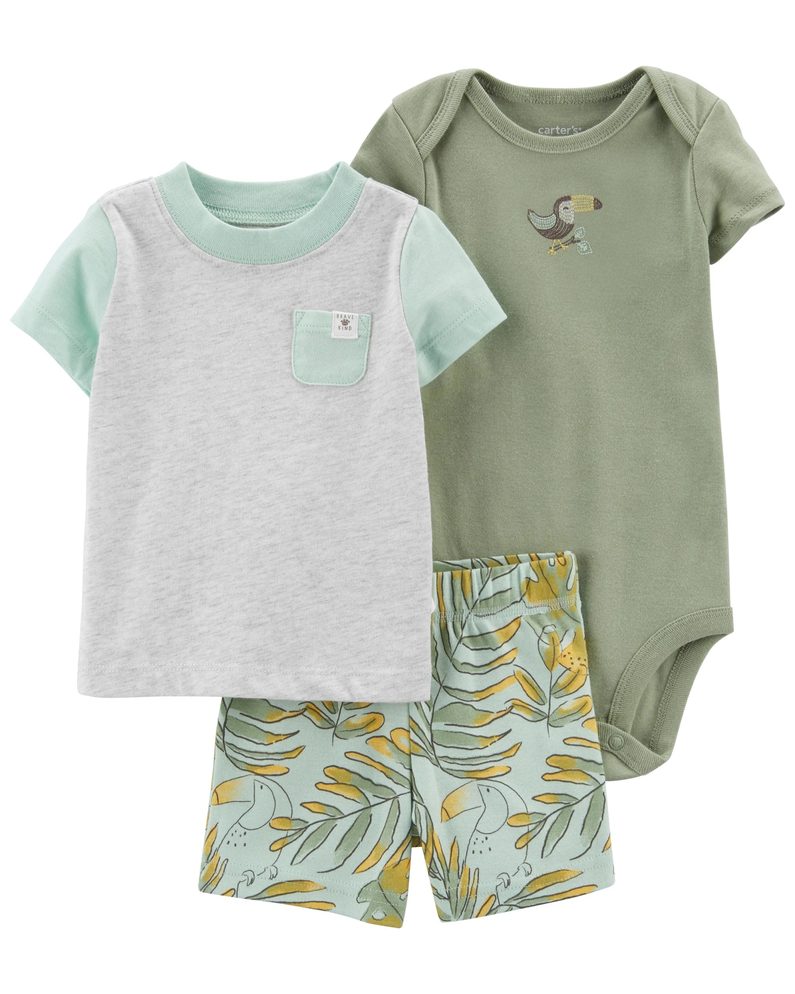 Set tres piezas short, remera y body de algodón diseño tucán Set tres piezas short, remera y body de algodón diseño tucán