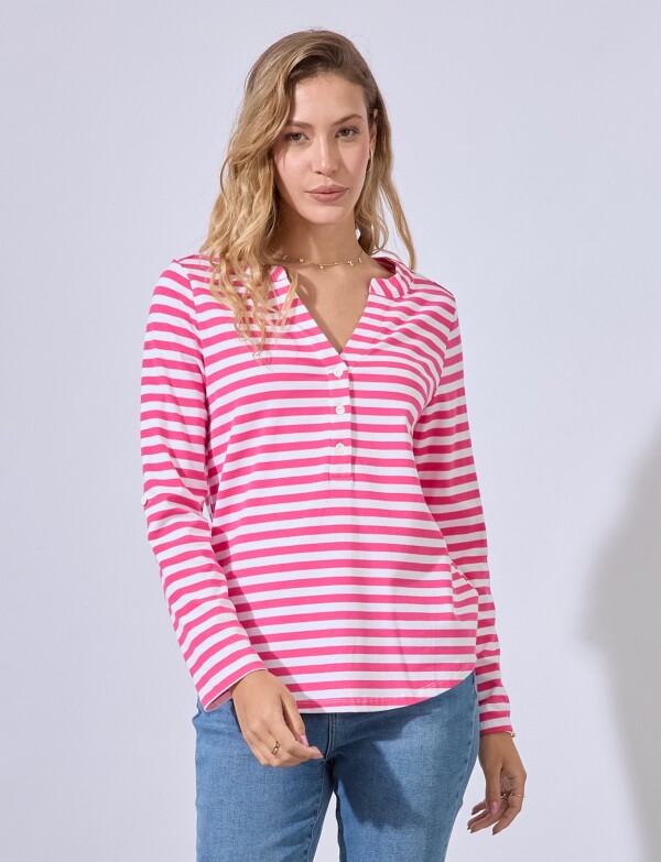 Remera Algodon Escote V FUCSIA