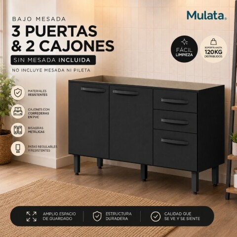 Bajo Mesada de Cocina 3 Puertas 2 Cajones 120 x 77 x 50 cm - NERO Bajo Mesada de Cocina 3 Puertas 2 Cajones 120 x 77 x 50 cm - NERO