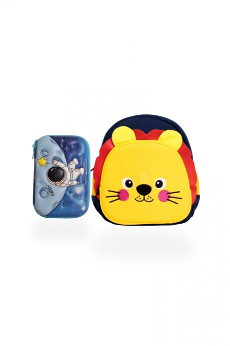 Set de mochila infantil de neopreno y cartuchera con divisiones brio set-astronauta-león2