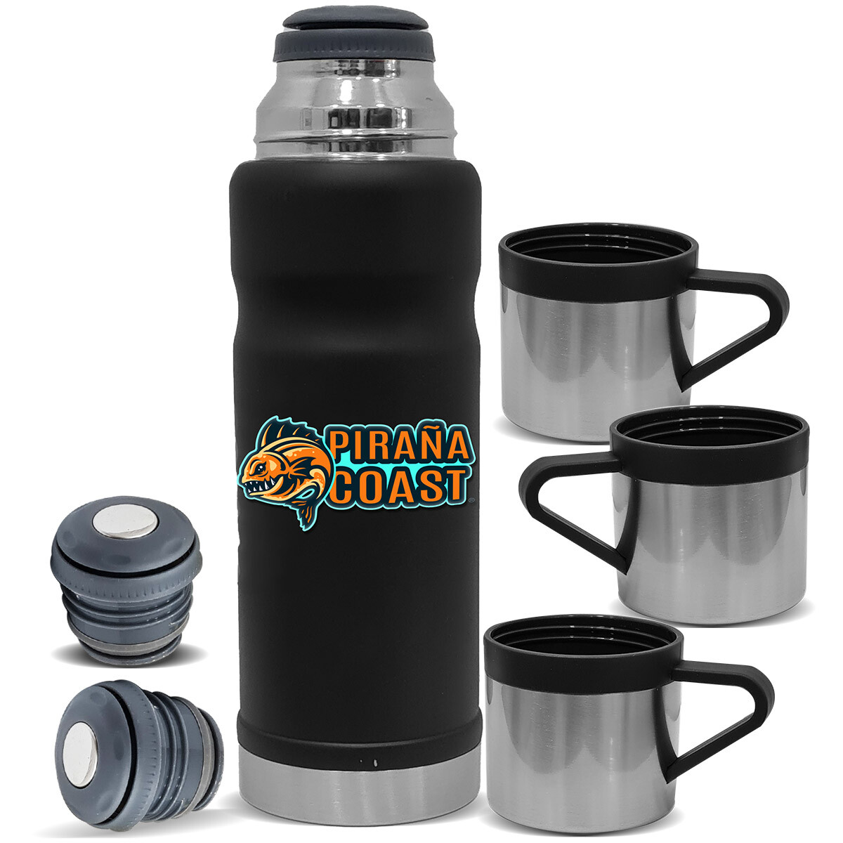 Set Termo 650ml Acero Inox +2 Tapón +3 Tazas Piraña - Negro 