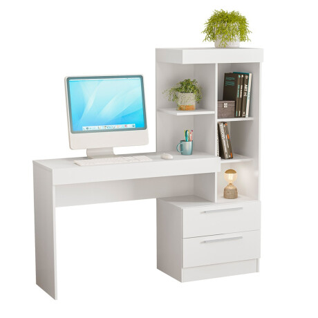 ESCRITORIO MESA PARA PC LAPTOP COMPUTADORA 2 CAJONES CON ESTANTERÍA BLANCO - FLEX