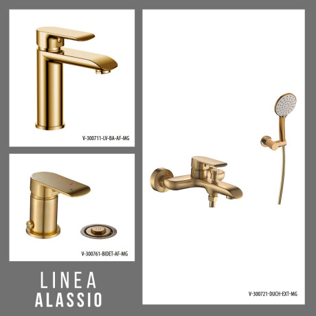 JUEGO DE GRIFERIA COMPLETO. INCLUYE DUCHA EXTERNA CON TELEFONO, LAVATORIO BAJO Y BIDET ORO SEMI MATE AQUALIA DORADO