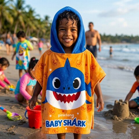 Bata Poncho Infantil Baby Shark 100% Algodón 60 x 60 cm NARANJA