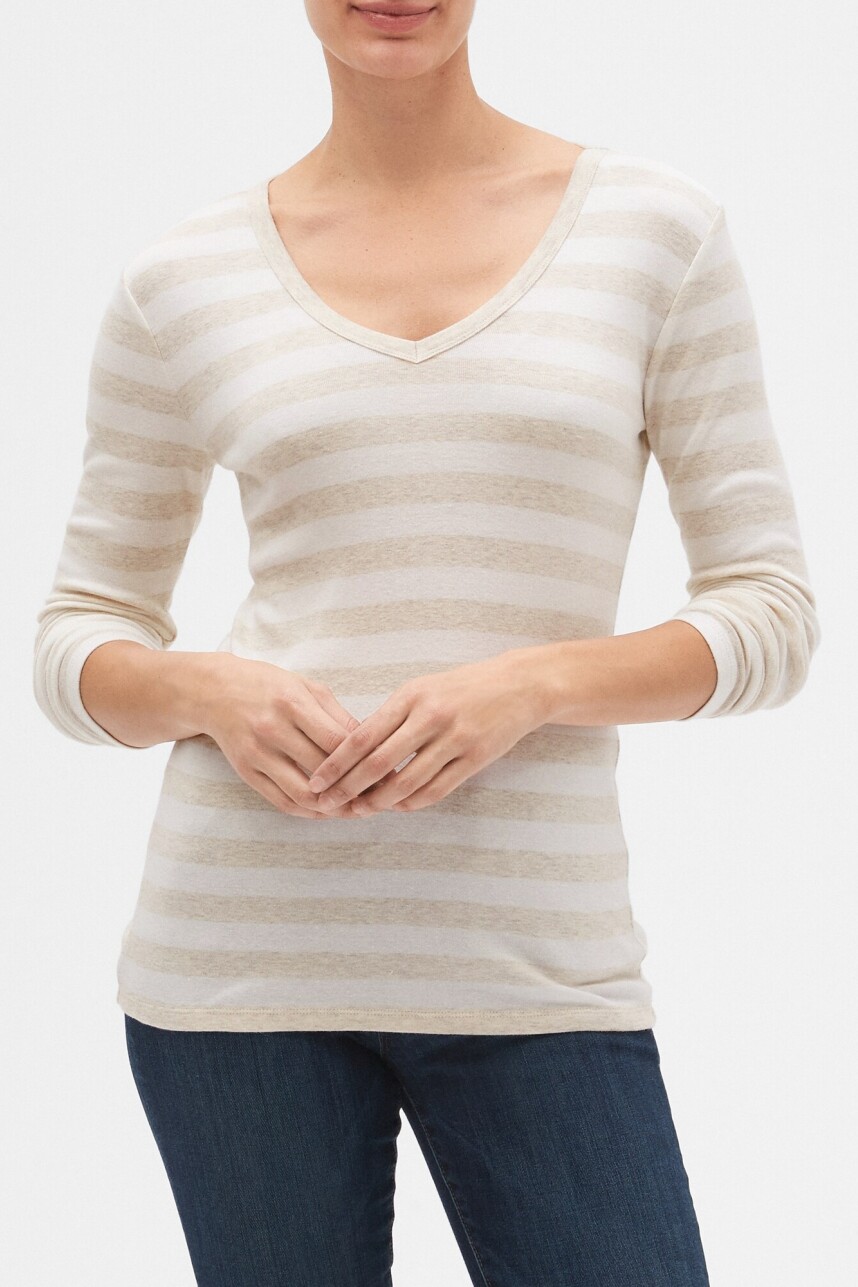 Remera Manga Larga Cuello V A Rayas Mujer Oatmeal Stripe