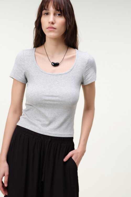 Remera Cropped Rib Gris Melange