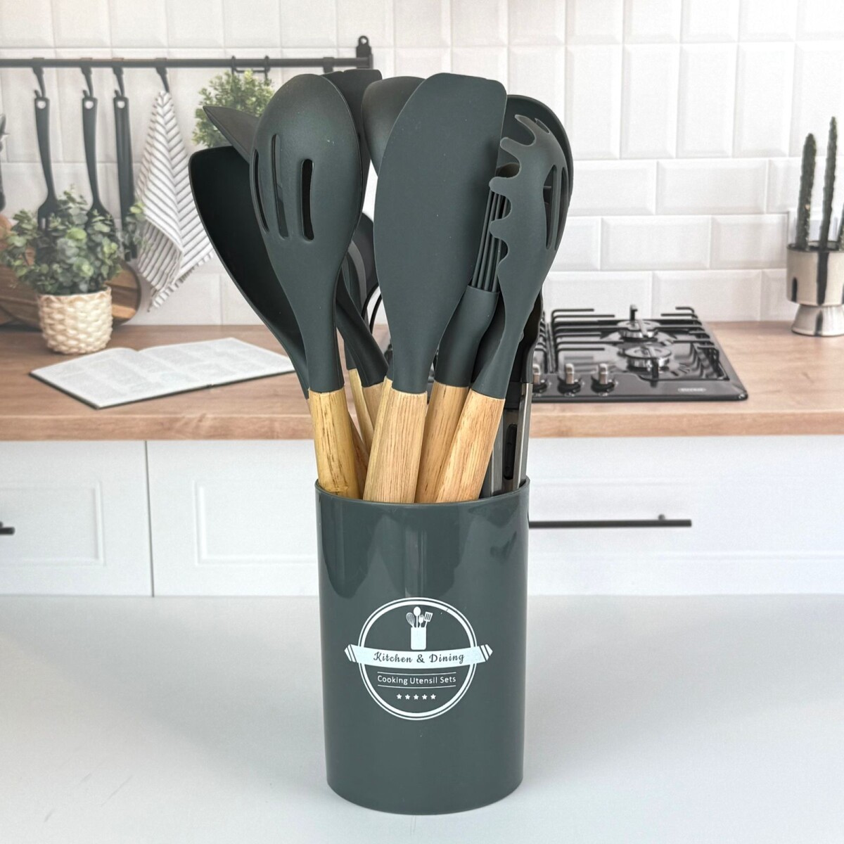 Set de Utensilios de Cocina de Silicona con Mango de Madera – 12 Piezas | GRIS 