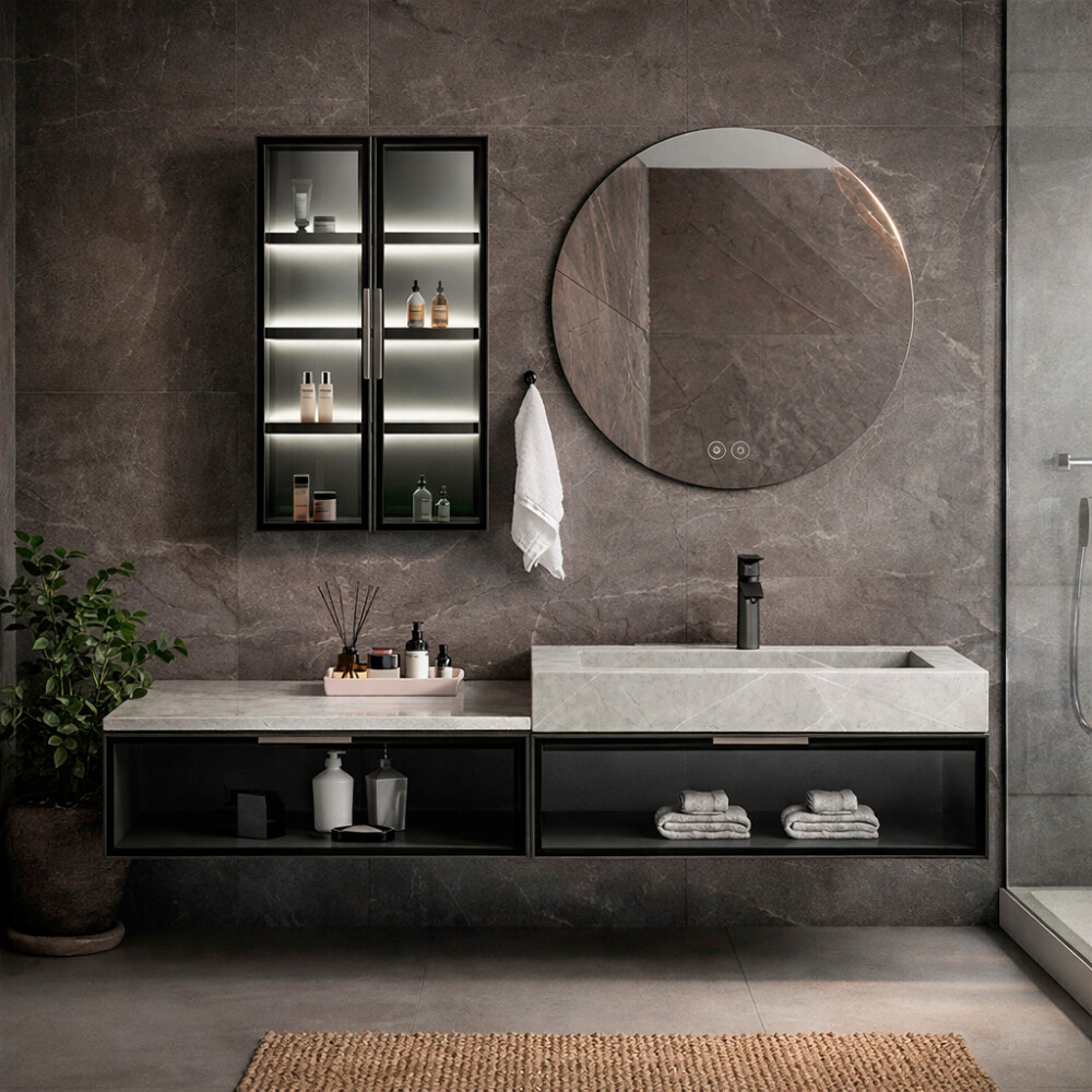 CONJUNTO DE BAÑO HABITARE MODELO SY1086-100 / MUEBLE + BACHA + ESPEJO CIRCULAR C/ LUZ LED Conjunto De Baño Habitare Modelo Sy1086-100 / Mueble + Bacha + Espejo Circular C/ Luz Led