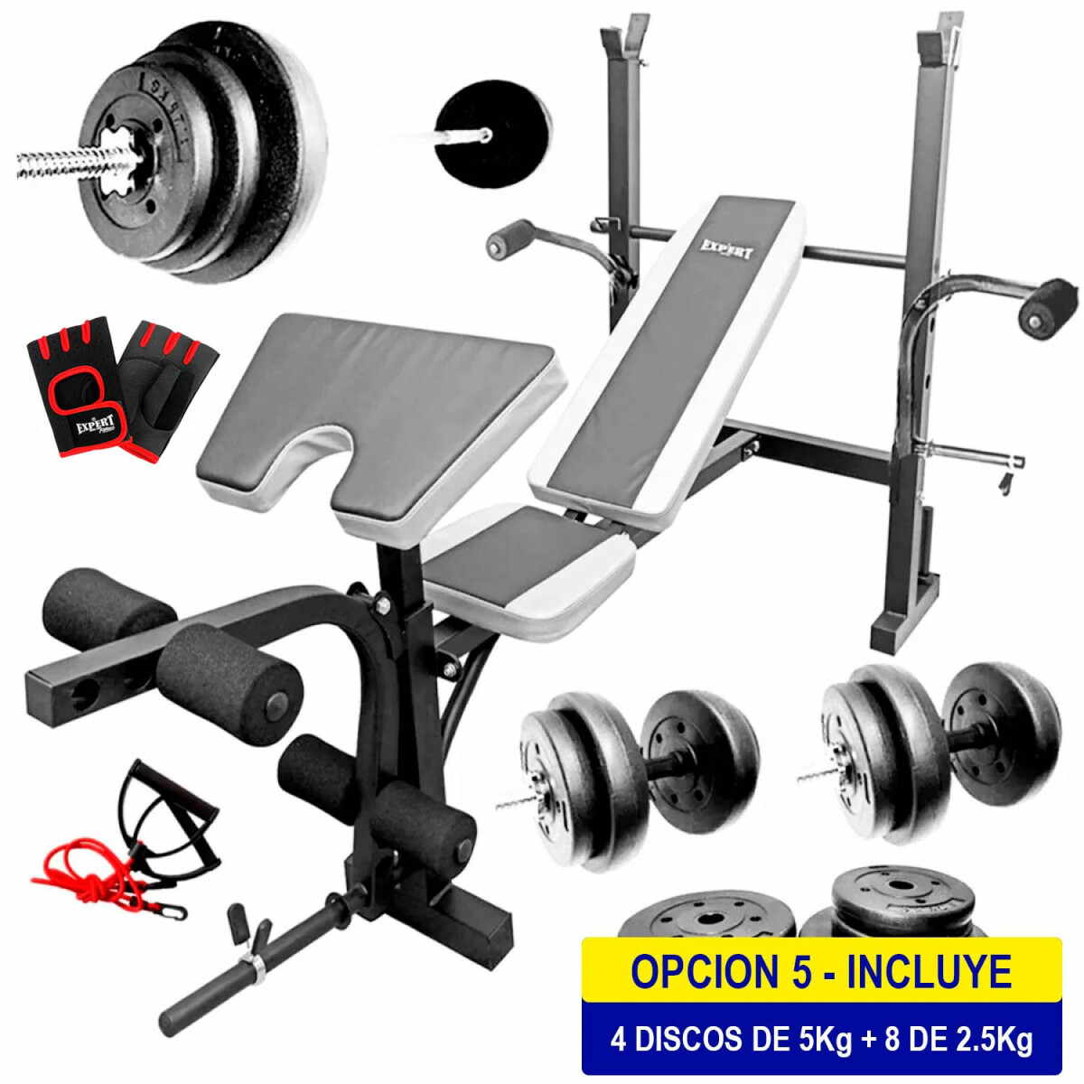 Banco Pecho + Scott + Barra 150 +2 Mancuernas +40kg - 4 Discos 5kg + 8 Discos 2.5kg 