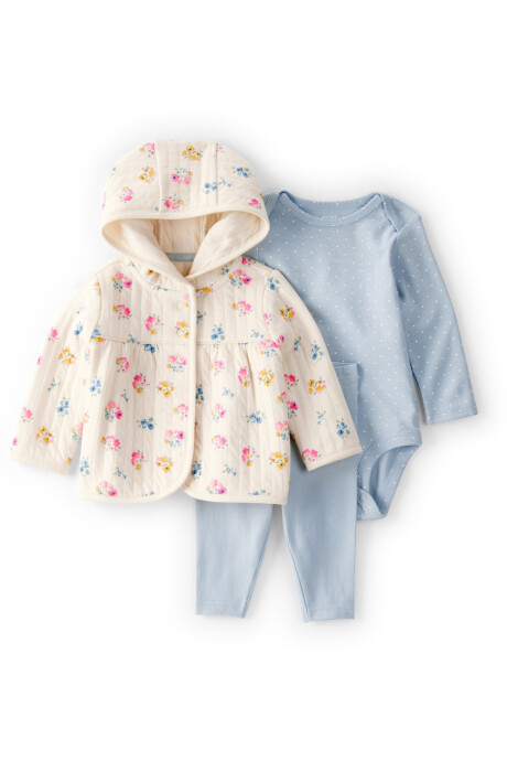 Set tres piezas de algodón, pantalón, saco con capucha y body Set tres piezas de algodón, pantalón, saco con capucha y body