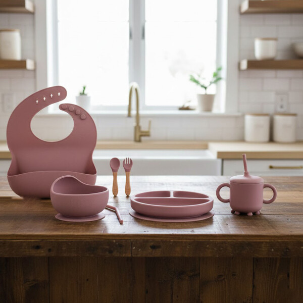 Set Alimentación Bebé Platos Silicona Libre Bpa 10 Piezas Color Rosa
