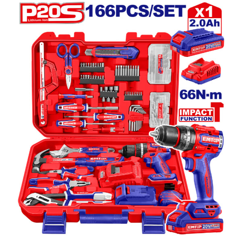 Taladro Percutor Emtop 66Nm 20V+ Juego De 166 Piezas Taladro Percutor Emtop 66Nm 20V+ Juego De 166 Piezas