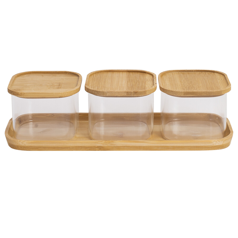 SET 3 TARROS C/BANDEJA TRANSPARENTE VIDRIO SK-7154