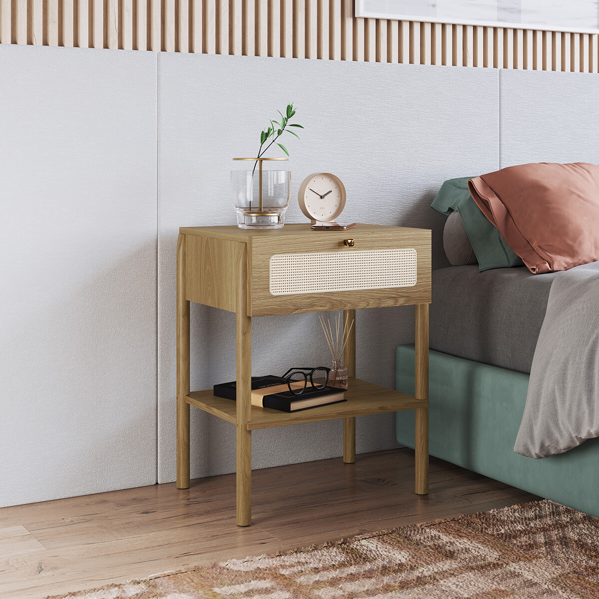 Mesa de Luz Oslo - 1 Cajon - Natural con tejido 