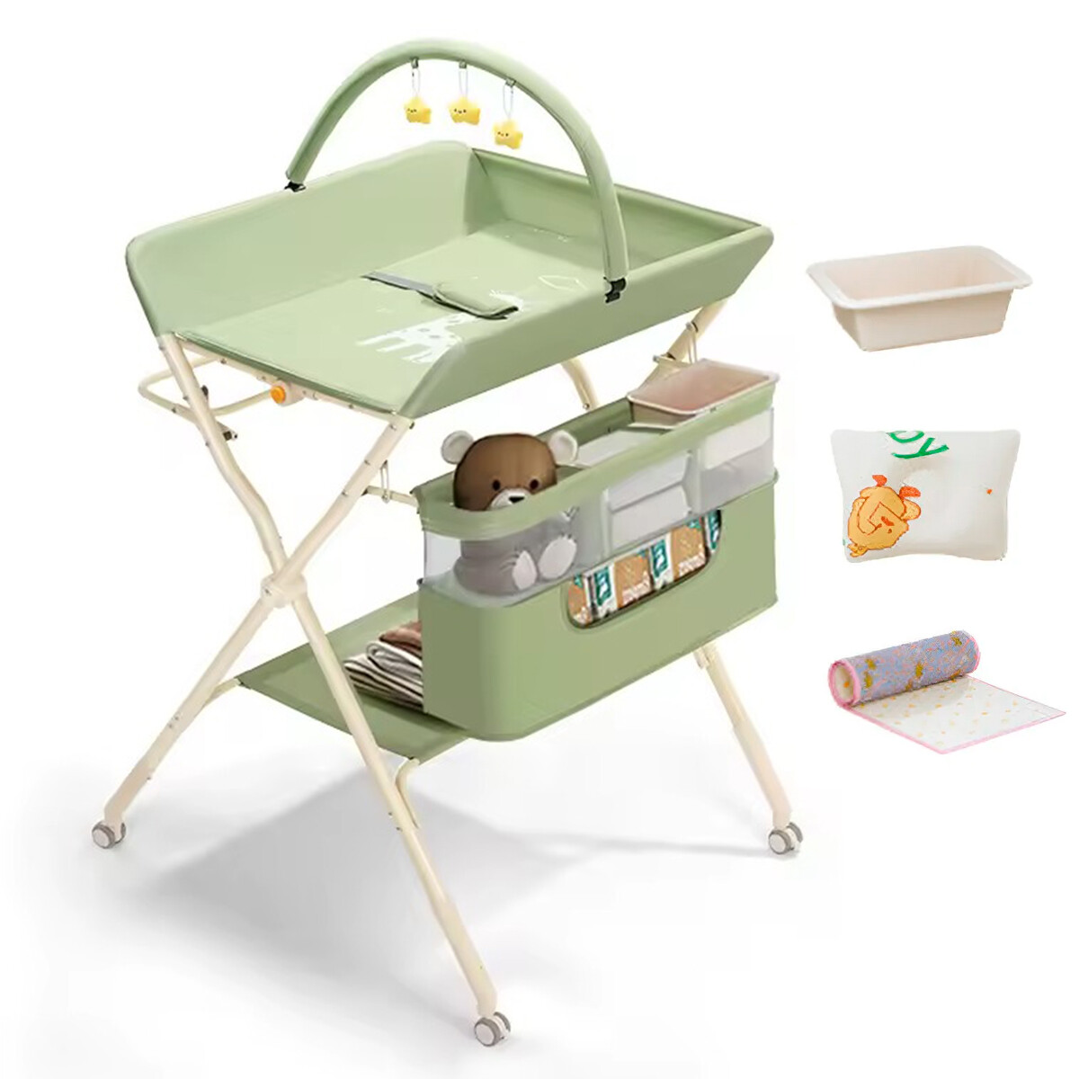 Cambiador Bebé Plegable Con Organizador y Ruedas - Verde 