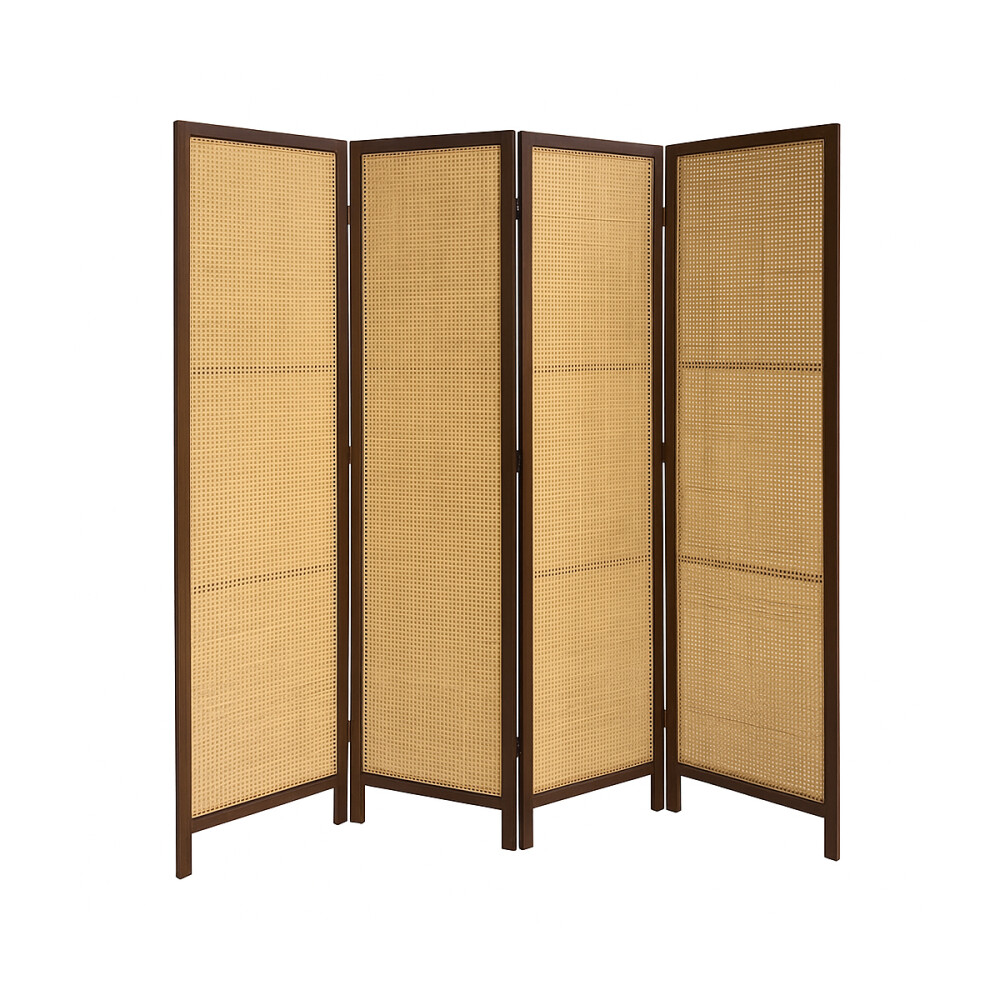 Biombo Boho Nhome 4 Paneles Madera Ratán Clásico Marrón