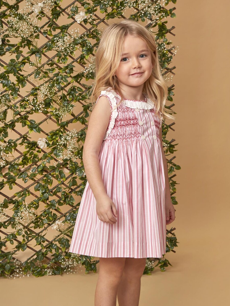 Vestido De Rayas Con Nido De Abeja Y Volante Rosa