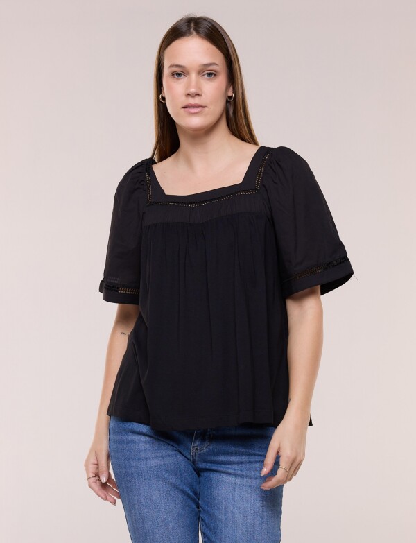 Blusa Holgada Escote Cuadrado Con Puntilla Calada NEGRO