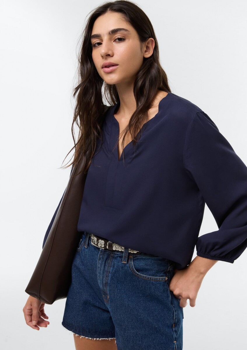 BLUSA DE MANGA TRES CUARTOS EN VISCOSA - AZUL 