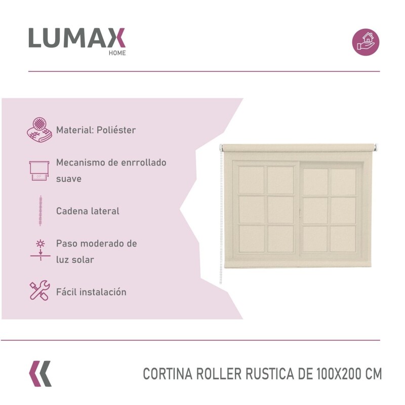 Cortina Roller Rústica Lumax 1.2x1.6m Para Ventana Enrollable Fácil instalación Beige