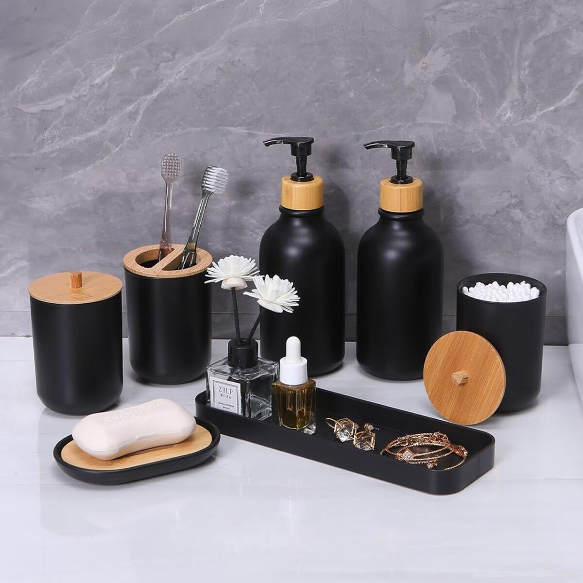 Set De Baño Accesorios Juego De 7 Piezas Dispenser Jabonera IMBACK Color Negro 