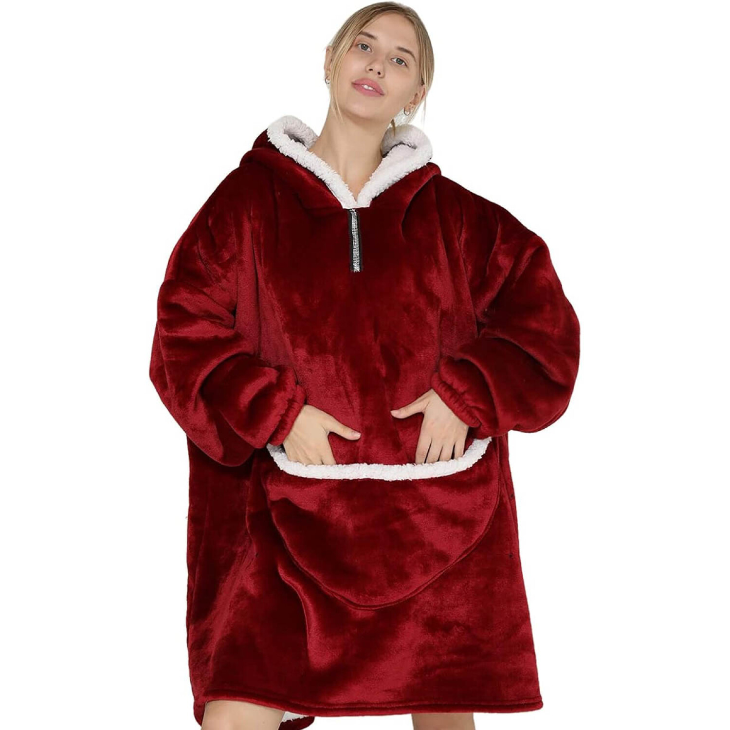 Manta Buzo Poncho Canguro Polar C/ Capucha Corderito Rojo