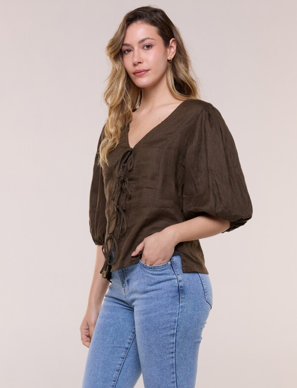 Blusa Lino Con Lazos OLIVA
