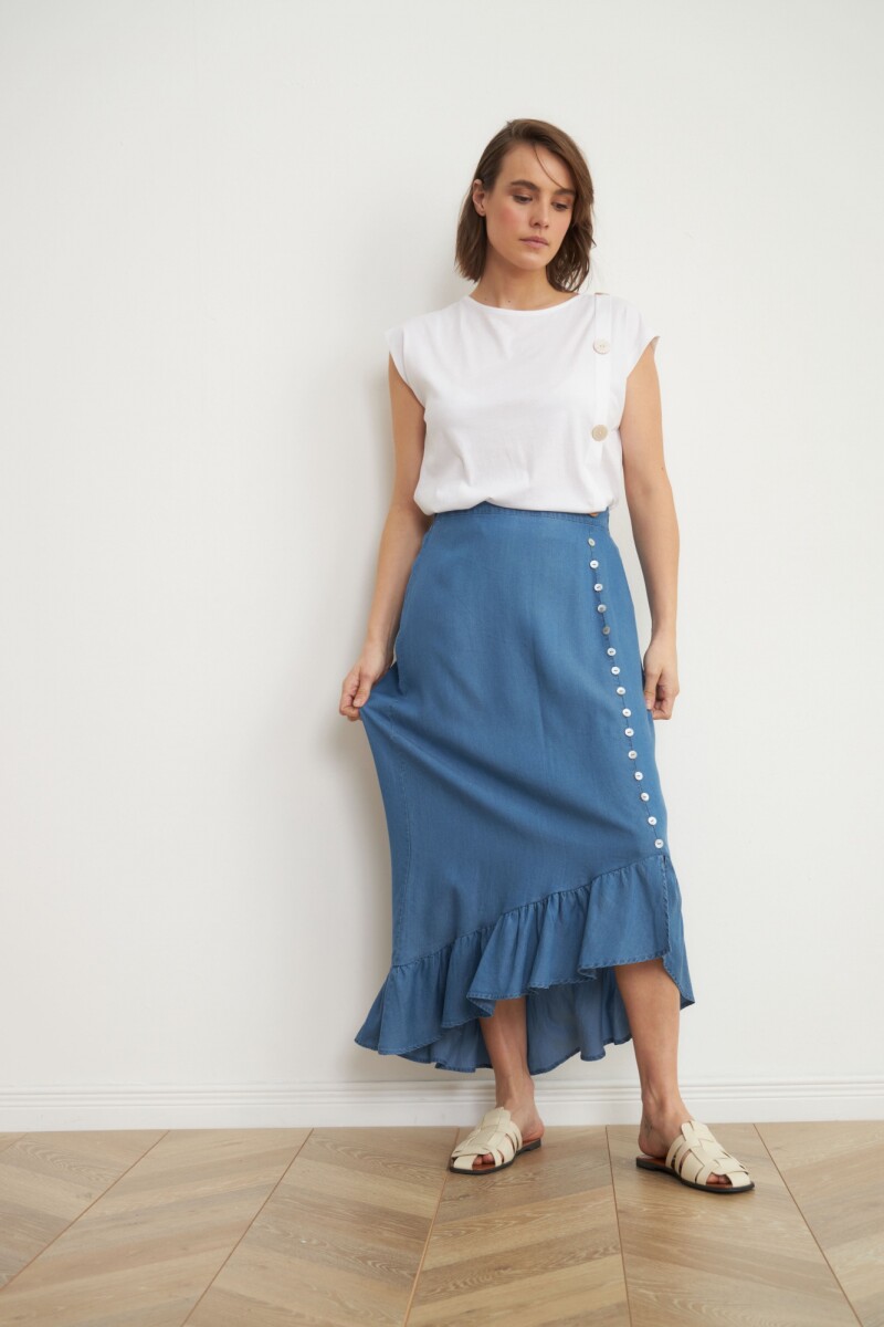 Falda de lyocell con volado jean medio