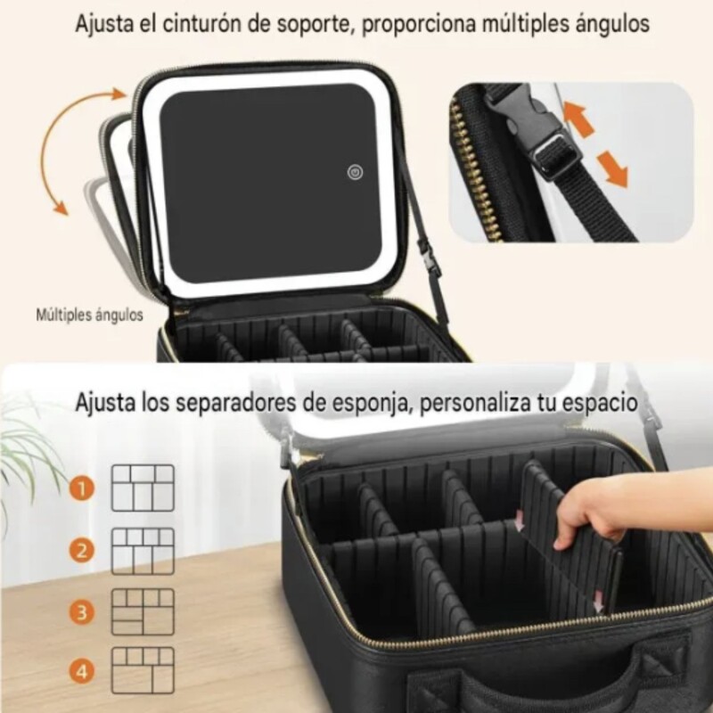 Maletín organizador de Comesticos con Espejo Led Negro