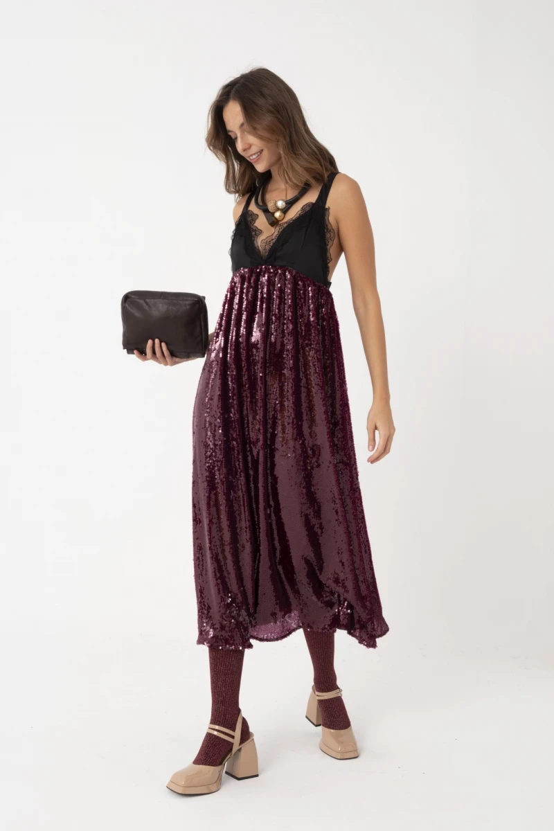 VESTIDO LARGO DE LENTEJUELA Bordo
