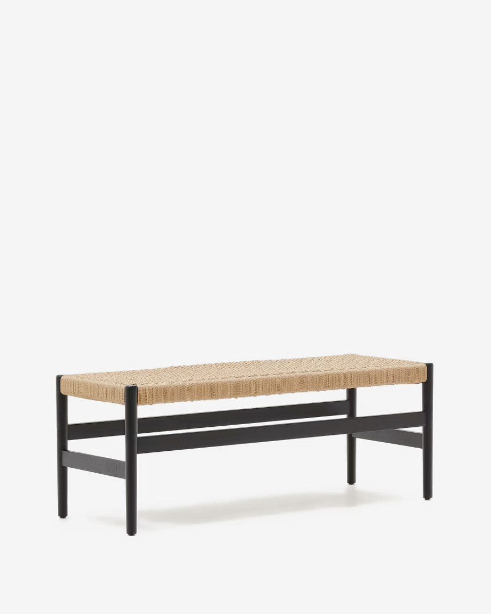 Banco Zaide de madera maciza de roble - con acabado negro y asiento de cuerda 120cm 