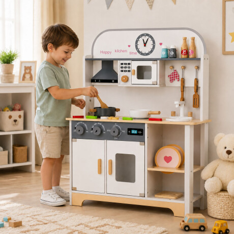 Cocina De Madera Infantil Con Accesorios Didáctica Crema