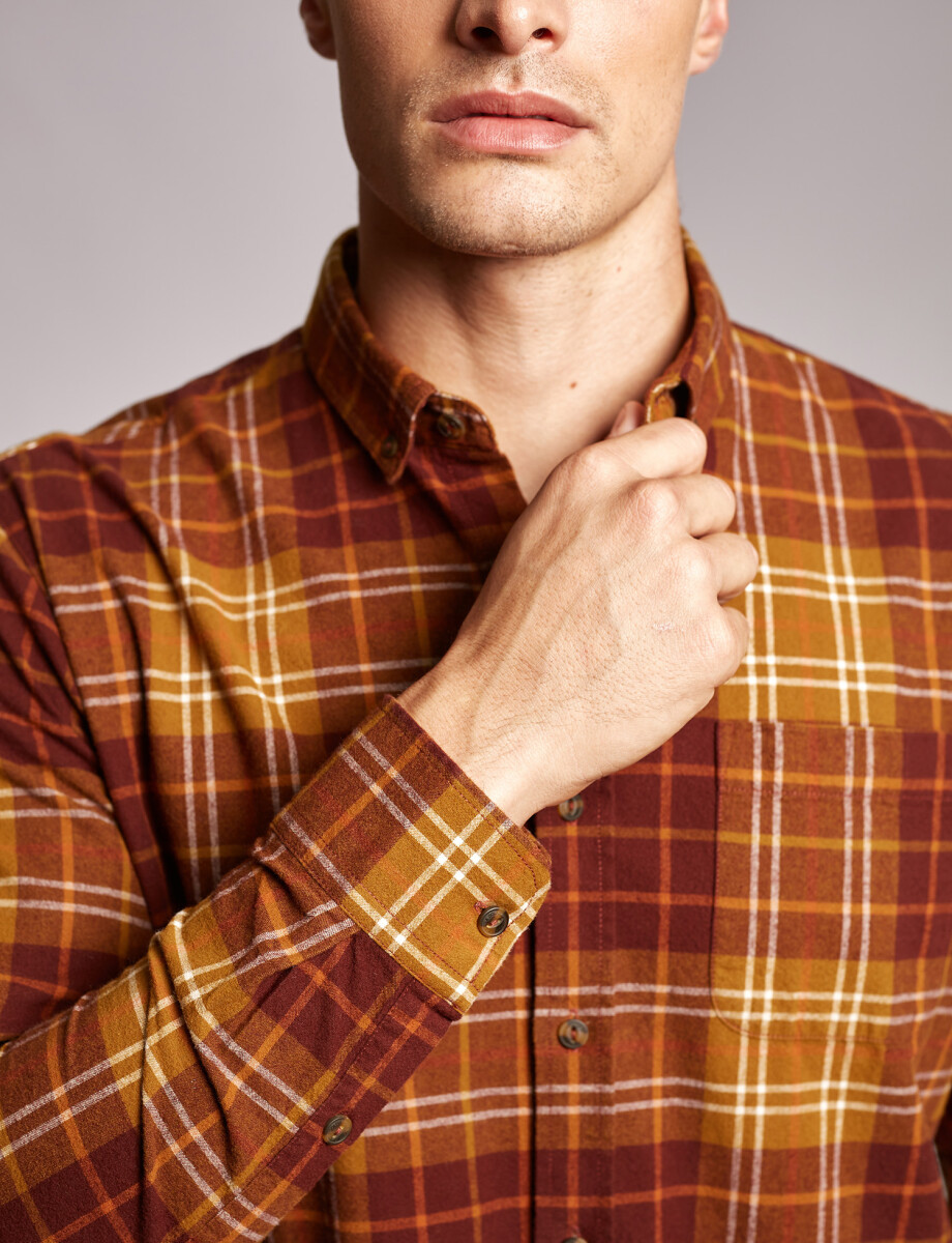 Camisa m/l franela cuadros marron