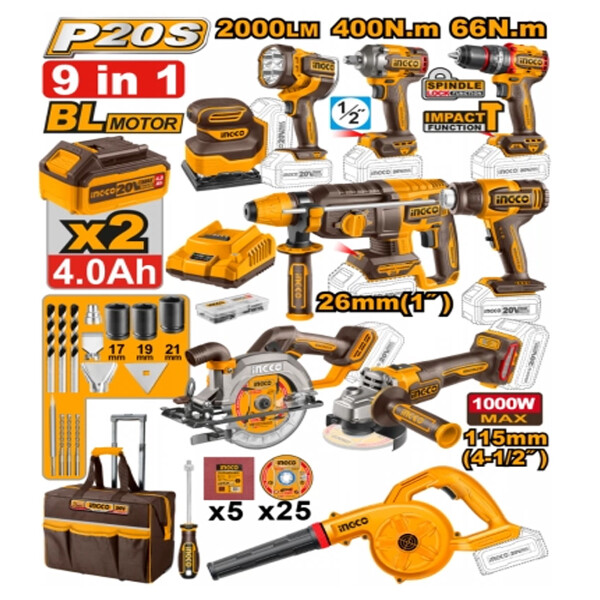 KIT COMBO INDUSTRIAL 9 HERRAMIENTAS A BATERIA P20S 20V BRUSHLESS + 2BAT CARGADO KIT COMBO INDUSTRIAL 9 HERRAMIENTAS A BATERIA P20S 20V BRUSHLESS + 2BAT CARGADO