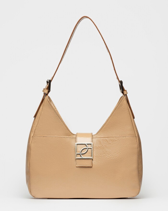 Bolso Signature en cuero charol Camel Niquel