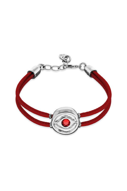 PULSERA DE CUERO ROJA CON DETALLE DE OJO EN ALEACIÓN DE METALES BAÑADO EN PLATA Y CRISTAL Pulsera