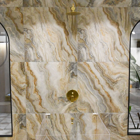 Griferia Para Ducha De Empotrar Monocomando 35Mm Con Roseta, Brazo Y Pico, Oro Semi Mate Alassio Aqualia DORADO