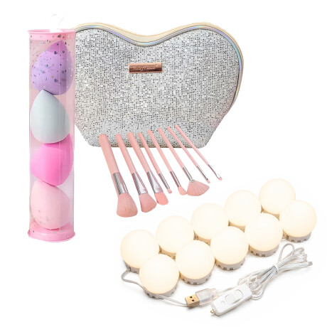 Set Maquillaje 8 Brochas + 4 Esponjas + Luces LED P/Espejo Plateado