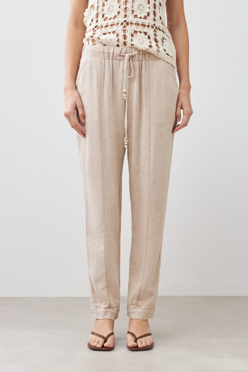 Pantalón pijama de lino con pespuntes en contraste beige melange