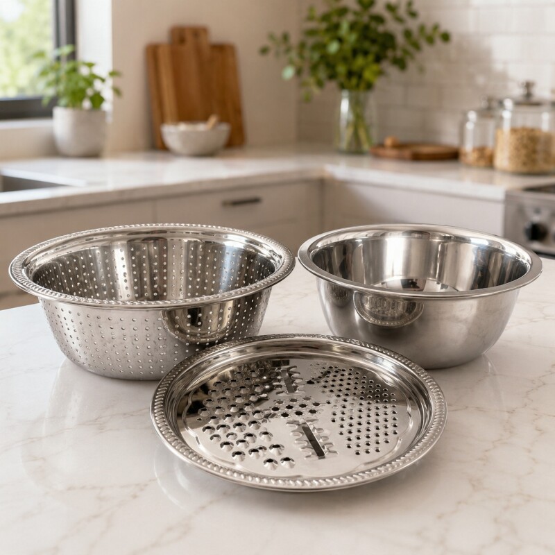 Set de 3 Piezas de Bowl Colador y Rallador en Acero Inoxidable Set de 3 Piezas de Bowl Colador y Rallador en Acero Inoxidable