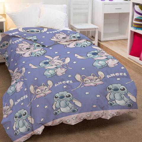 Acolchado Infantil Stitch 1 Plaza 100% Microfibra LILA