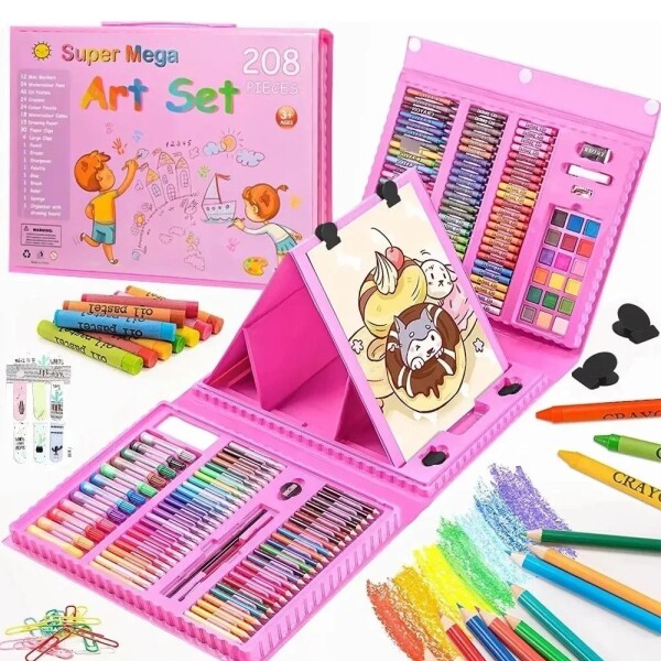 Set Kit Arte Dibujo Y Pinturas 208 Piezas Valija Infantil Variante Color Rosa