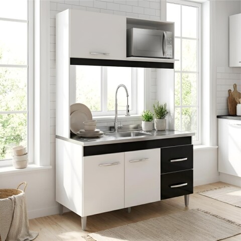 Kit de Cocina Compacta 123cm Blanco/Negro - 3 Puertas, 2 Cajones y Espacio Microondas Kit de Cocina Compacta 123cm Blanco/Negro - 3 Puertas, 2 Cajones y Espacio Microondas