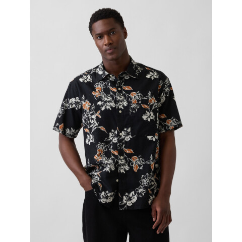 SS LINEN CURVED HEM BLACK FLORAL