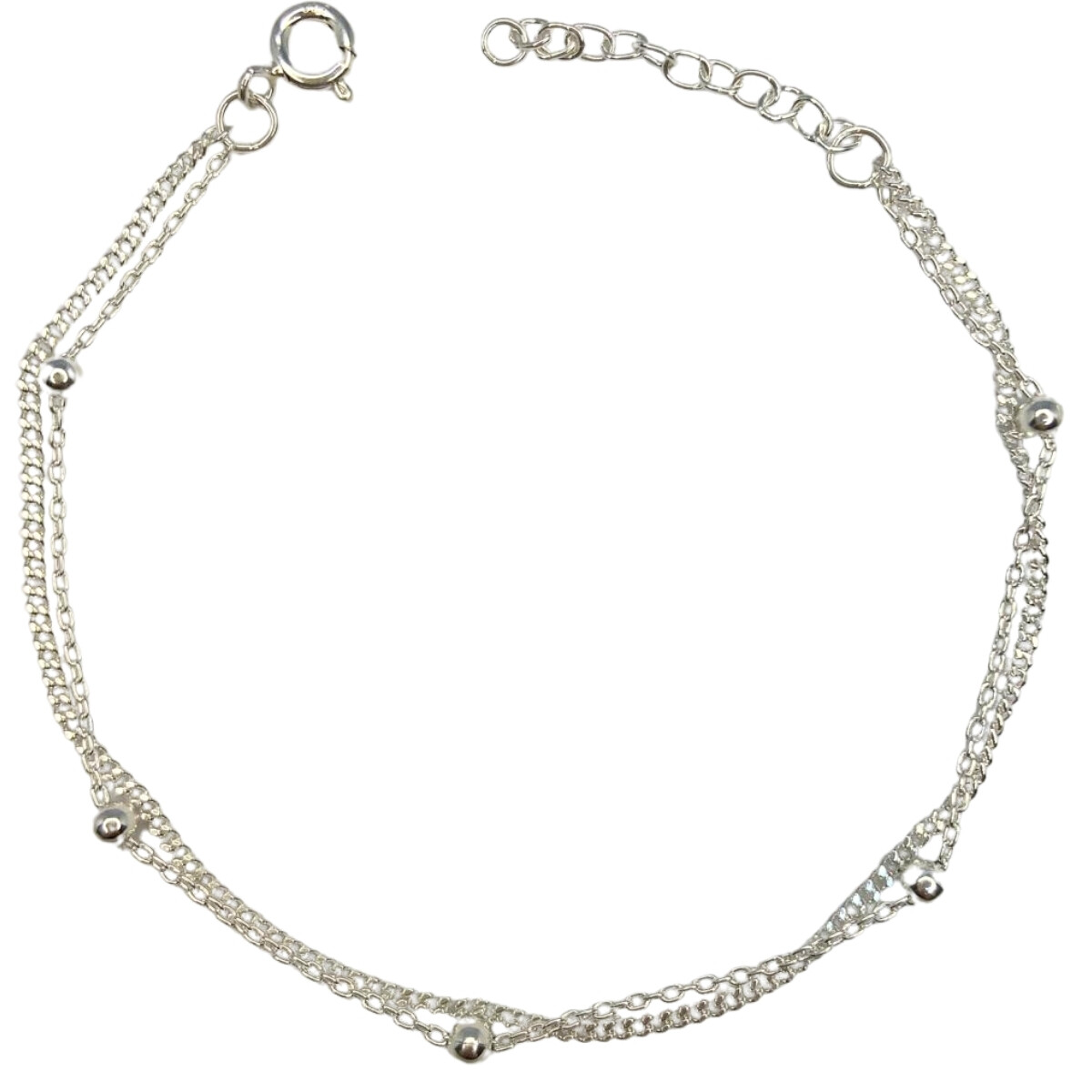 PULSERA DE PLATA DOBLE CON BOLITAS , LARGO 18+3 CM 