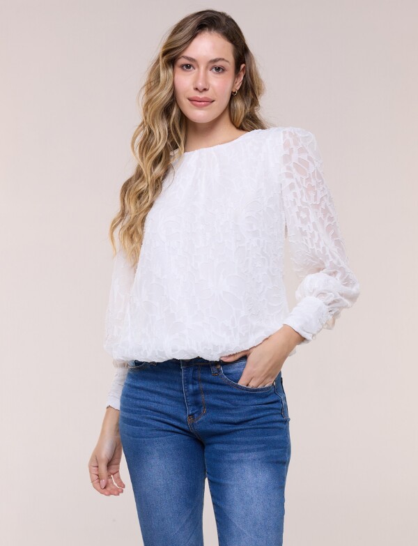 Blusa Texturada Devoré Con Mangas Abullonadas BLANCO