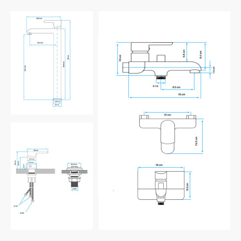 JUEGO DE GRIFERIA COMPLETO. INCLUYE DUCHA EXTERNA CON TELEFONO, LAVATORIO ALTO Y BIDET ORO SEMI MATE AQUALIA 000