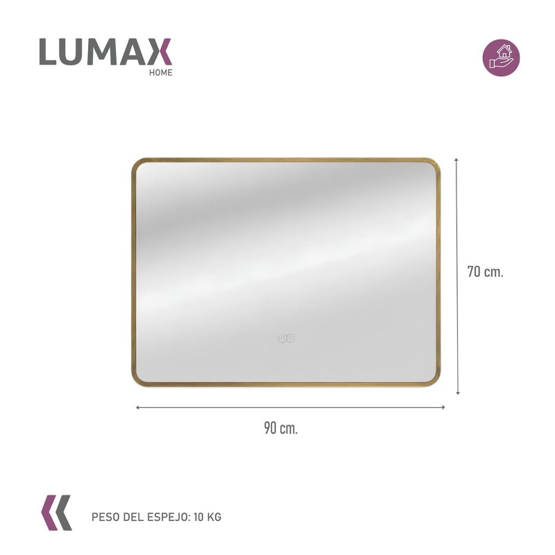 Espejo Horizontal Lumax c/marco desempañador y luz 90x70cm Dorado