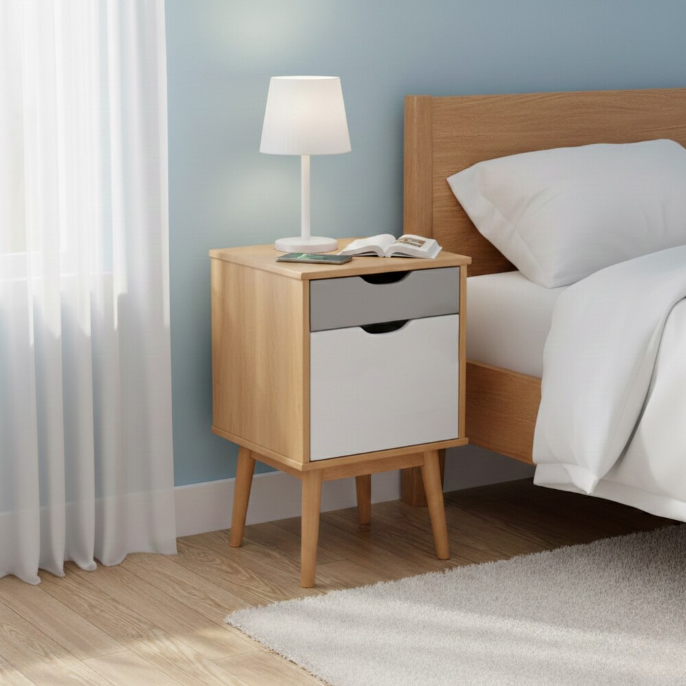 Mesa de Luz - 1 puerta - 1 cajón - Línea Nórdica Roble/Gris Claro/Blanco